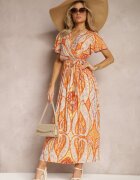 cflo Rochie Portocalie Cloș cu Croi Petrecut cu Curea și Model Decorativ Briarwin