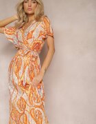 cflo Rochie Portocalie Cloș cu Croi Petrecut cu Curea și Model Decorativ Briarwin