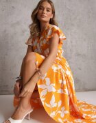 cflo Rochie Portocalie cu Decolteu Petrecut Fustă Plisată Finisată în Talie cu Curea și Elastic Elsavia