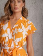 cflo Rochie Portocalie cu Decolteu Petrecut Fustă Plisată Finisată în Talie cu Curea și Elastic Elsavia