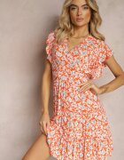 cflo Rochie Portocalie cu Imprimeu Floral cu Volane și Decolteu Petrecut din Viscoză Cilgara