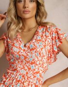 cflo Rochie Portocalie cu Imprimeu Floral cu Volane și Decolteu Petrecut din Viscoză Cilgara