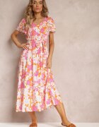 cflo Rochie Portocalie din Vâscoză cu Imprimeu Floral cu Cordon de Legat Malore