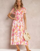 cflo Rochie Portocalie din Vâscoză cu Imprimeu Floral cu Cordon de Legat Malore