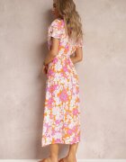 cflo Rochie Portocalie din Vâscoză cu Imprimeu Floral cu Cordon de Legat Malore