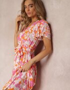 cflo Rochie Portocalie din Vâscoză cu Imprimeu Floral cu Cordon de Legat Malore