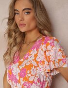 cflo Rochie Portocalie din Vâscoză cu Imprimeu Floral cu Cordon de Legat Malore