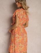 cflo Rochie Portocalie din Viscoză cu Decolteu Plic Finisată cu Elastic în Talie și Șnur Abrolea