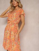 cflo Rochie Portocalie din Viscoză cu Decolteu Plic Finisată cu Elastic în Talie și Șnur Abrolea