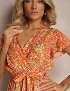 cflo Rochie Portocalie din Viscoză cu Decolteu Plic Finisată cu Elastic în Talie și Șnur Abrolea