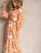 cflo Rochie portocalie evazată lungă cu volan cu imprimeu ornamental Naraoda
