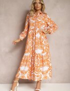 cflo Rochie portocalie evazată lungă cu volan cu imprimeu ornamental Naraoda