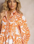 cflo Rochie portocalie evazată lungă cu volan cu imprimeu ornamental Naraoda