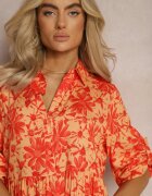 cflo Rochie Portocalie Încântătoare cu bust tip cămașă și cu model floral Nealavin