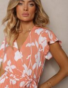 cflo Rochie Portocaliu-Albă cu decolteu petrecut fustă plisată și curea și elastic în talie Elsavia