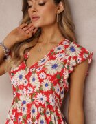cflo Rochie Roșie Cambrată Mini cu flori cu elastic în talie Teziovi