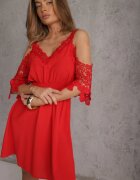 cflo Rochie roșie evazată mini cu elastic în talie și mâneci spaniole cu dantelă Carolta