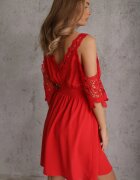 cflo Rochie roșie evazată mini cu elastic în talie și mâneci spaniole cu dantelă Carolta