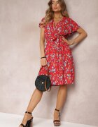 cflo Rochie roșie viscoză midi cu flori cu elastic în talie și cordon din material Aidenia