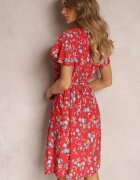 cflo Rochie roșie viscoză midi cu flori cu elastic în talie și cordon din material Aidenia