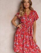 cflo Rochie roșie viscoză midi cu flori cu elastic în talie și cordon din material Aidenia