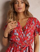 cflo Rochie roșie viscoză midi cu flori cu elastic în talie și cordon din material Aidenia