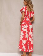 cflo Rochie Roșu-Alb Evazată din Viscoză cu Elastic în Talie Nansiane