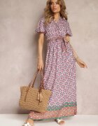 cflo Rochie Roz Maxi cu Curea și Elastic în Talie cu Model Ornamental Calvim