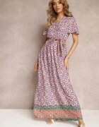 cflo Rochie Roz Maxi cu Curea și Elastic în Talie cu Model Ornamental Calvim