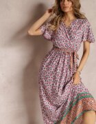 cflo Rochie Roz Maxi cu Curea și Elastic în Talie cu Model Ornamental Calvim