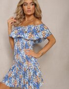 cflo Rochie Scurtă Albastră cu Decolteu Spaniol din Viscoză Elastică Celestine