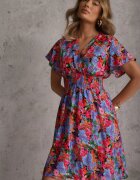 cflo Rochie Scurtă Roz-Albastră cu flori cu elastic lat în talie Meles
