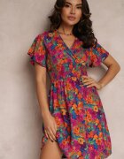cflo Rochie scurtă Roz-Bleu-Marin cu flori cu elastic lat în talie Meles