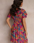 cflo Rochie scurtă Roz-Bleu-Marin cu flori cu elastic lat în talie Meles