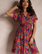 cflo Rochie scurtă Roz-Bleu-Marin cu flori cu elastic lat în talie Meles