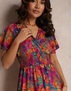 cflo Rochie scurtă Roz-Bleu-Marin cu flori cu elastic lat în talie Meles