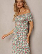 cflo Rochie Spanie Alb-Verde din Viscoză cu Imprimeu Floral Pialara