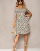 cflo Rochie Spanie Alb-Verde din Viscoză cu Imprimeu Floral Pialara
