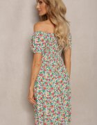 cflo Rochie Spanie Alb-Verde din Viscoză cu Imprimeu Floral Pialara