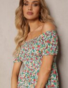 cflo Rochie Spanie Alb-Verde din Viscoză cu Imprimeu Floral Pialara