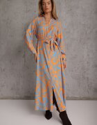 cflo Rochie Tip Cămașă Albastră-Portocalie Maxi cu Cordon din Material cu Imprimeu Abstract Lirans