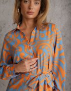 cflo Rochie Tip Cămașă Albastră-Portocalie Maxi cu Cordon din Material cu Imprimeu Abstract Lirans