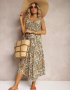 cflo Rochie Verde-Bej din Viscoză cu Croială Cloș Fără Mâneci Fradea