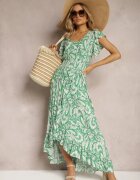 cflo Rochie Verde Boho cu elastic în talie și tiv asimetric din viscoză Anorissa