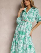 cflo Rochie Verde Cloș Lungă cu Volănaș cu Imprimeu Ornamental