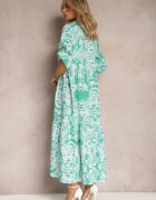 cflo Rochie Verde Cloș Lungă cu Volănaș cu Imprimeu Ornamental