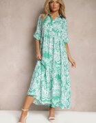 cflo Rochie Verde Cloș Lungă cu Volănaș cu Imprimeu Ornamental