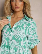 cflo Rochie Verde Cloș Lungă cu Volănaș cu Imprimeu Ornamental