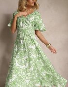 cflo Rochie Verde cu elastic în talie Decorată cu model floral Charina