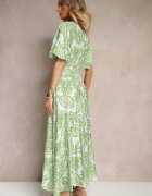 cflo Rochie Verde cu elastic în talie Decorată cu model floral Charina